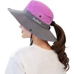 Sun Shade Wide Brim Women's OS Purple Gray Adjustable Ponytail Hole Bucket Hat